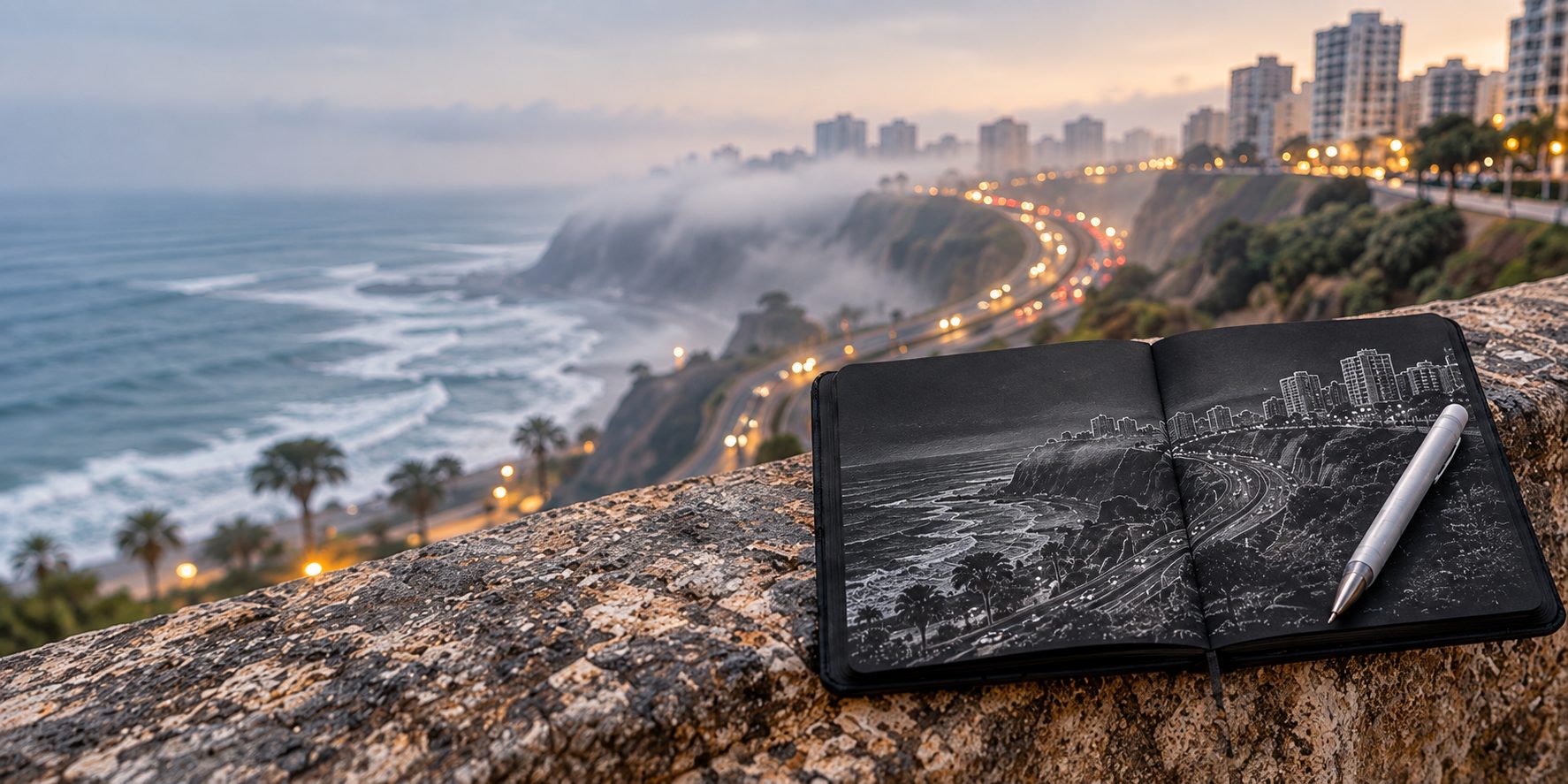 Agenda Black de Plantify abierta sobre el muro del malecón de Miraflores con un dibujo en tinta blanca de la Costa Verde, y la misma costa con neblina de fondo