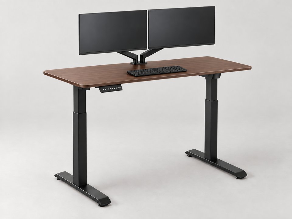 Escritorio elevable Plantify de 2 motores con dos monitores en brazo