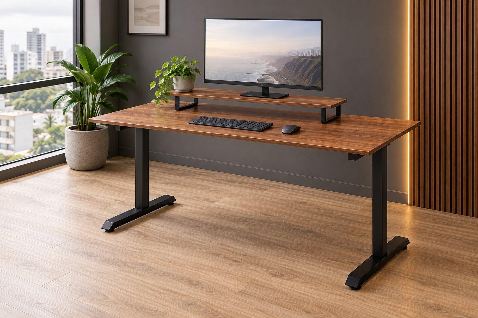 Setup con monitor en brazo, teclado y plantas sobre escritorio de madera
