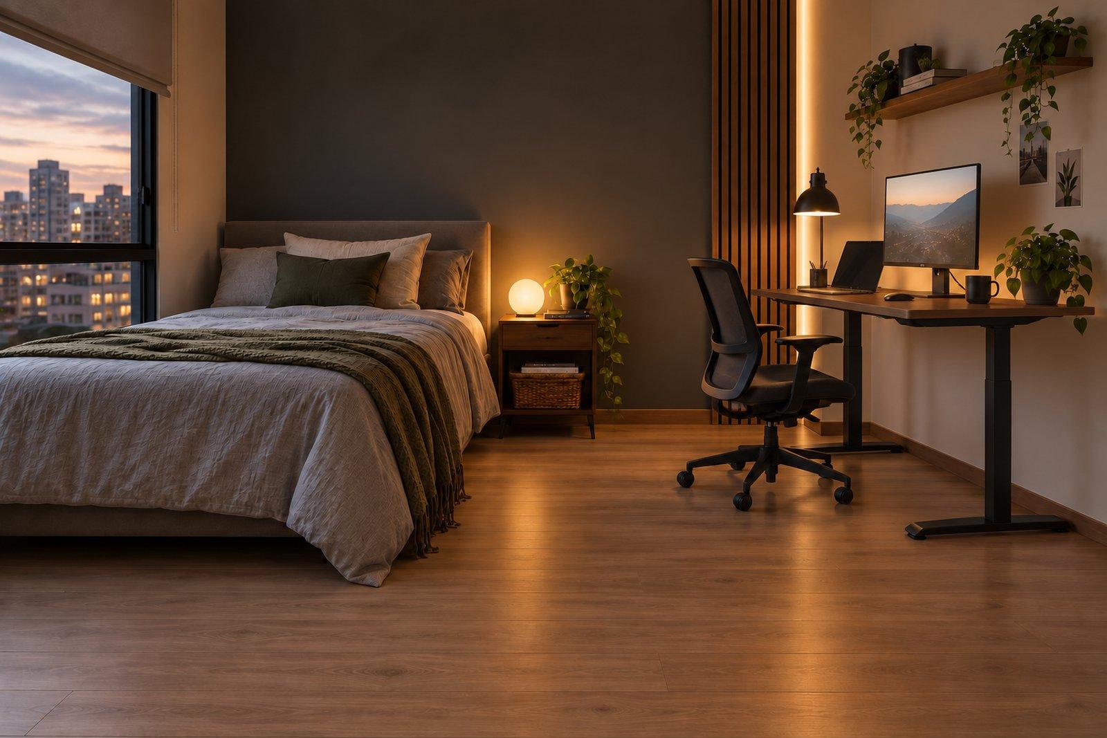 Cuarto pequeño con cama y escritorio negro para trabajar desde casa
