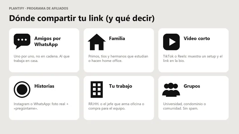 Dónde compartir tu link de afiliado: WhatsApp, historias, TikTok y Reels, grupos de trabajo y familia