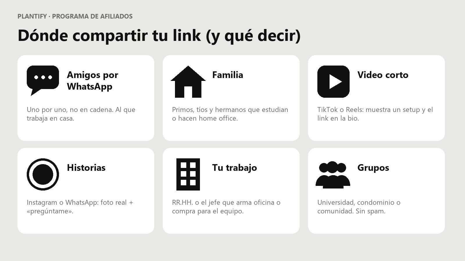 Seis medios para compartir el link: amigos por WhatsApp, familia, video corto, historias, tu trabajo y grupos