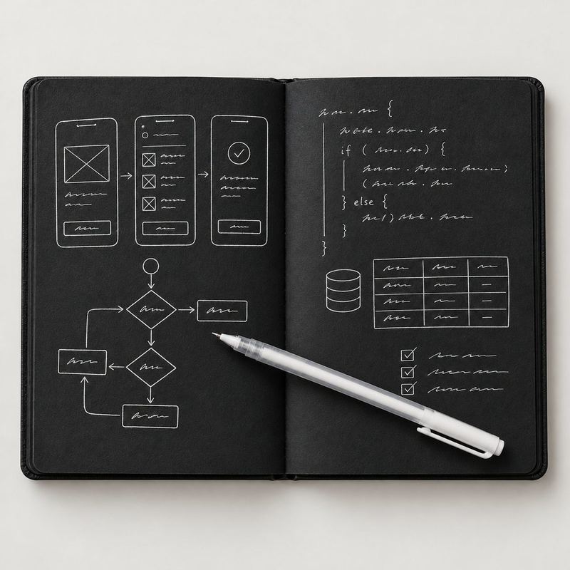 Agenda Black abierta con pantallas y flujos de una app en lapicero blanco sobre hojas negras