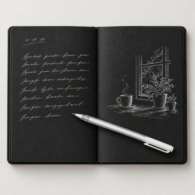 Agenda Black abierta con un diario personal y un dibujo en lapicero blanco sobre hojas negras