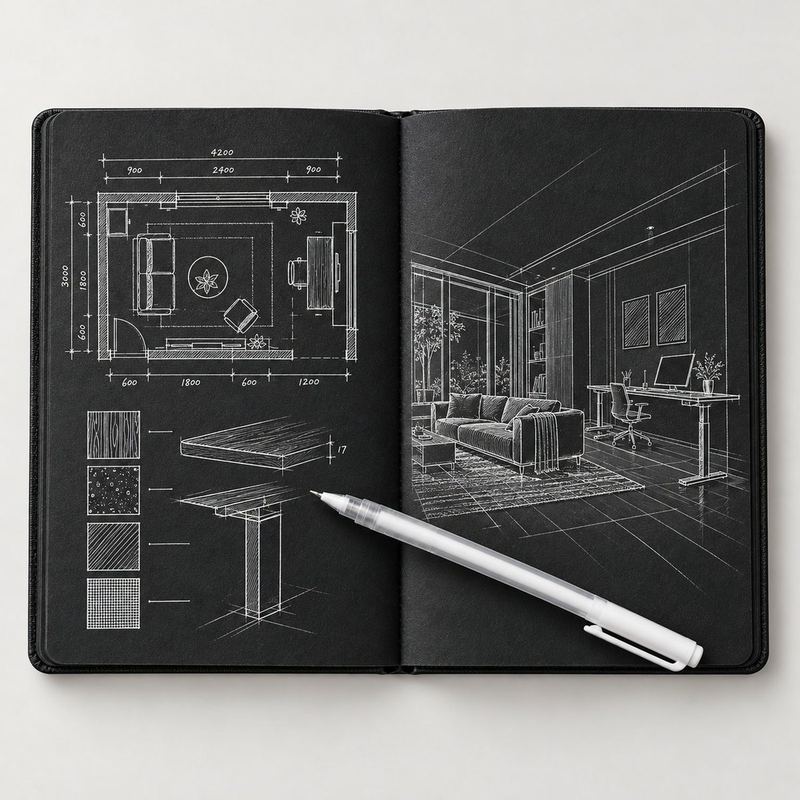 Agenda Black abierta con planos y bocetos en lapicero blanco sobre hojas negras
