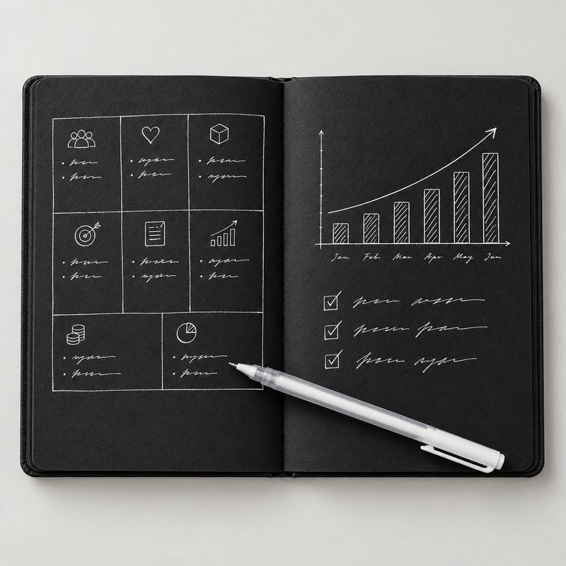 Agenda Black abierta con modelo de negocio y ventas del mes en lapicero blanco sobre hojas negras