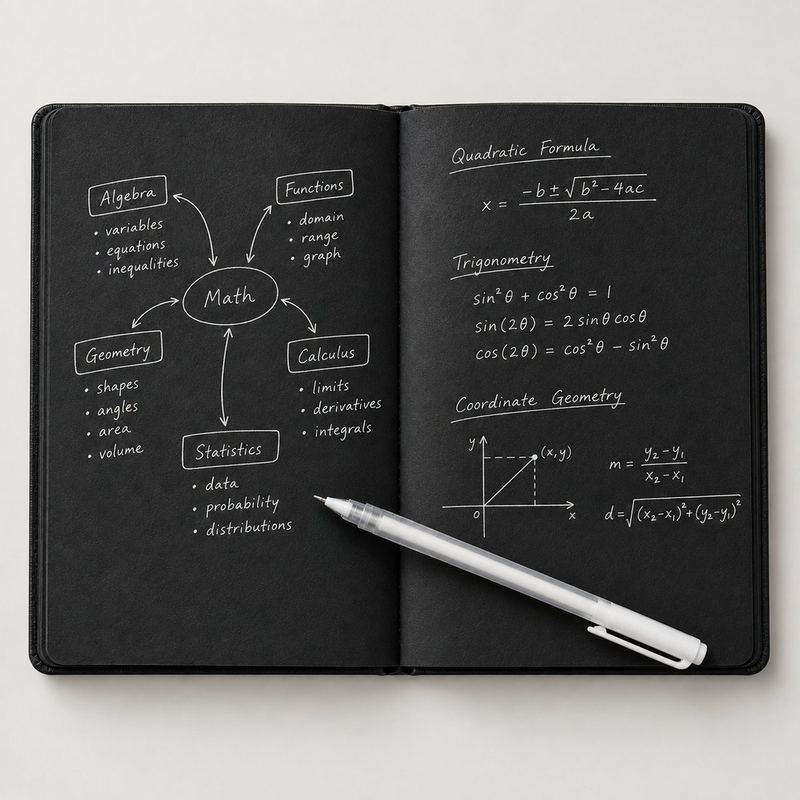 Agenda Black abierta con mapa mental y fórmulas de clase en lapicero blanco sobre hojas negras