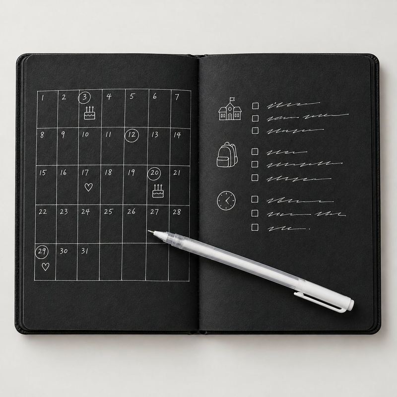 Agenda Black abierta con calendario familiar y pendientes en lapicero blanco sobre hojas negras