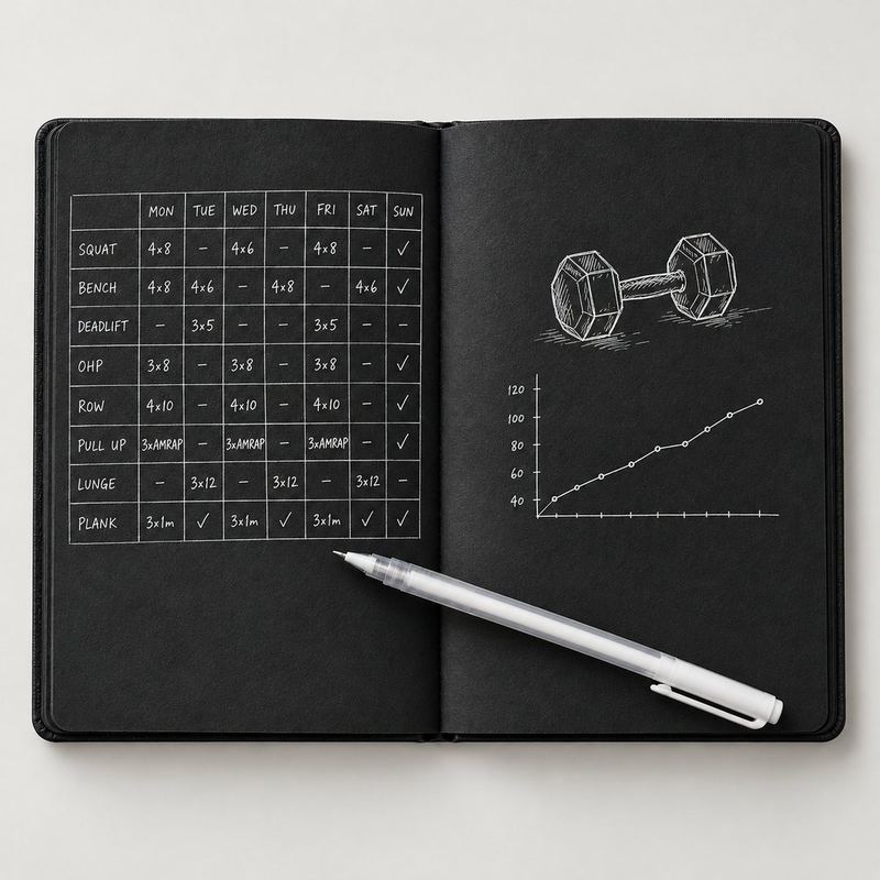 Agenda Black abierta con rutina de gimnasio y progreso en lapicero blanco sobre hojas negras
