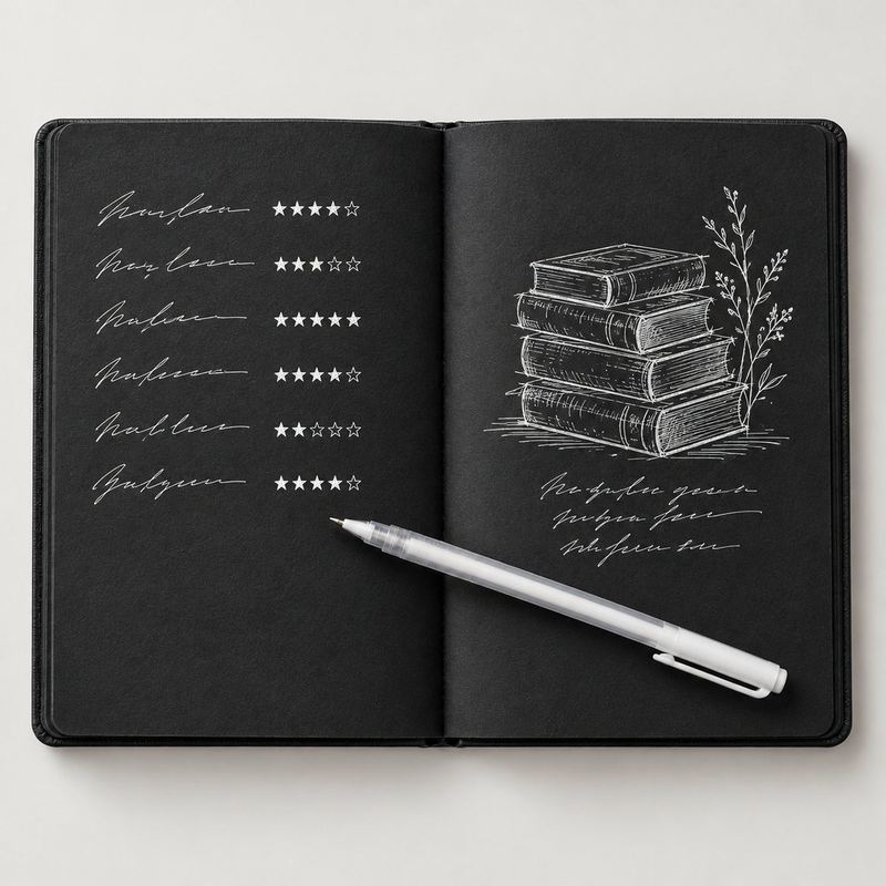 Agenda Black abierta con lista de libros y frases en lapicero blanco sobre hojas negras