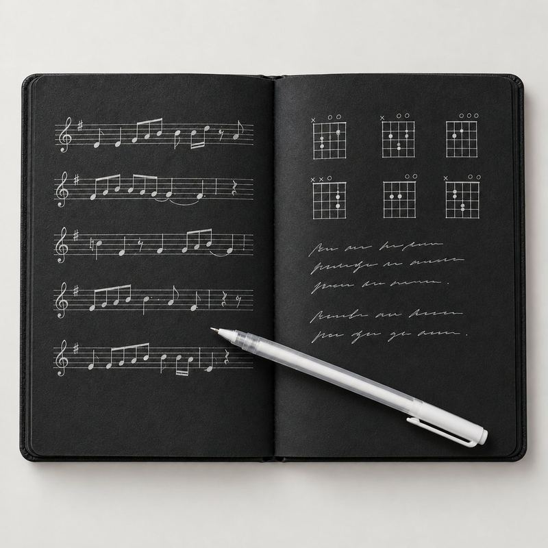 Agenda Black abierta con partituras y acordes en lapicero blanco sobre hojas negras