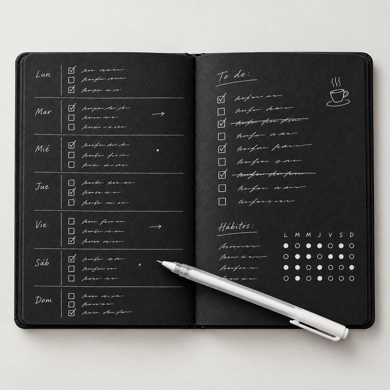 Agenda Black abierta con lista de la semana y hábitos en lapicero blanco sobre hojas negras