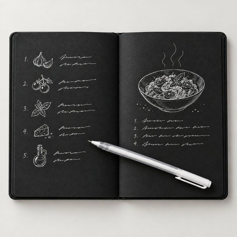 Agenda Black abierta con una receta con ingredientes y pasos en lapicero blanco sobre hojas negras