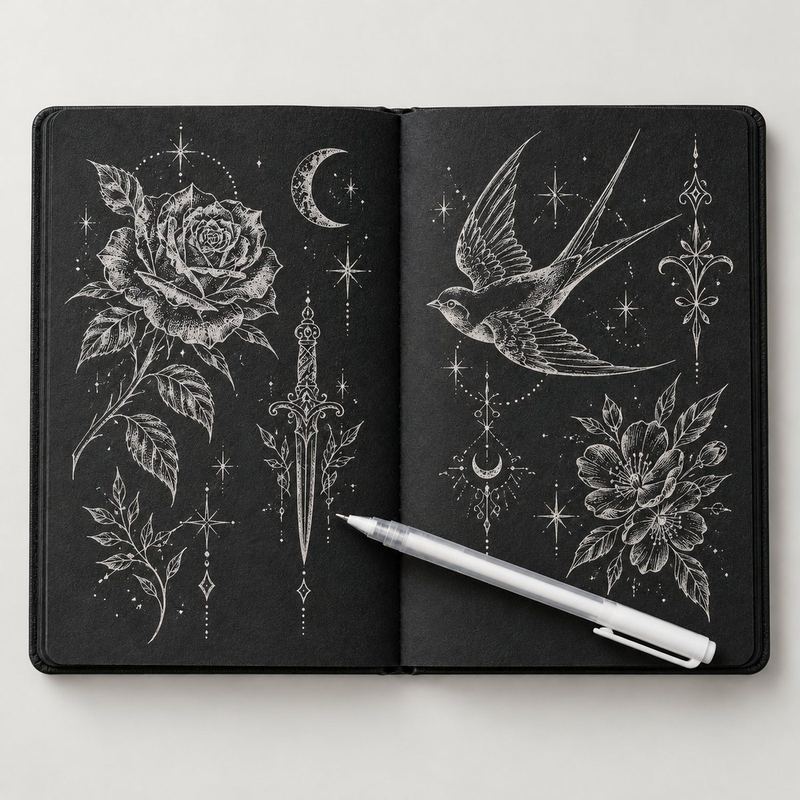 Agenda Black abierta con bocetos de tatuajes en línea fina en lapicero blanco sobre hojas negras