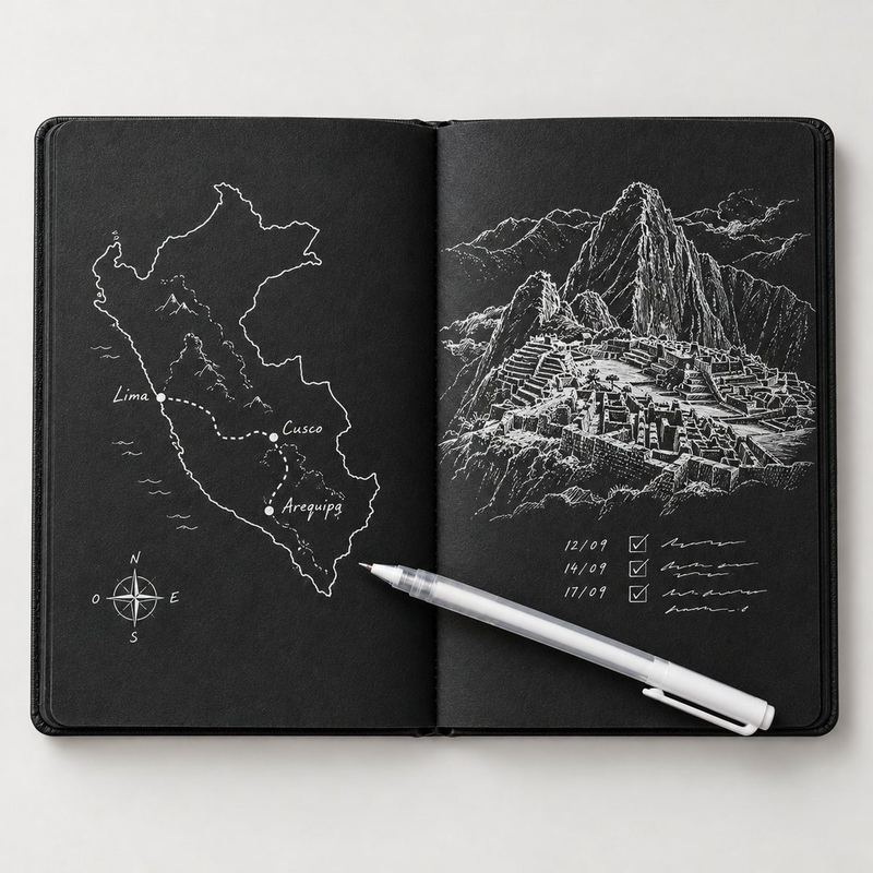 Agenda Black abierta con diario de viaje con mapa en lapicero blanco sobre hojas negras